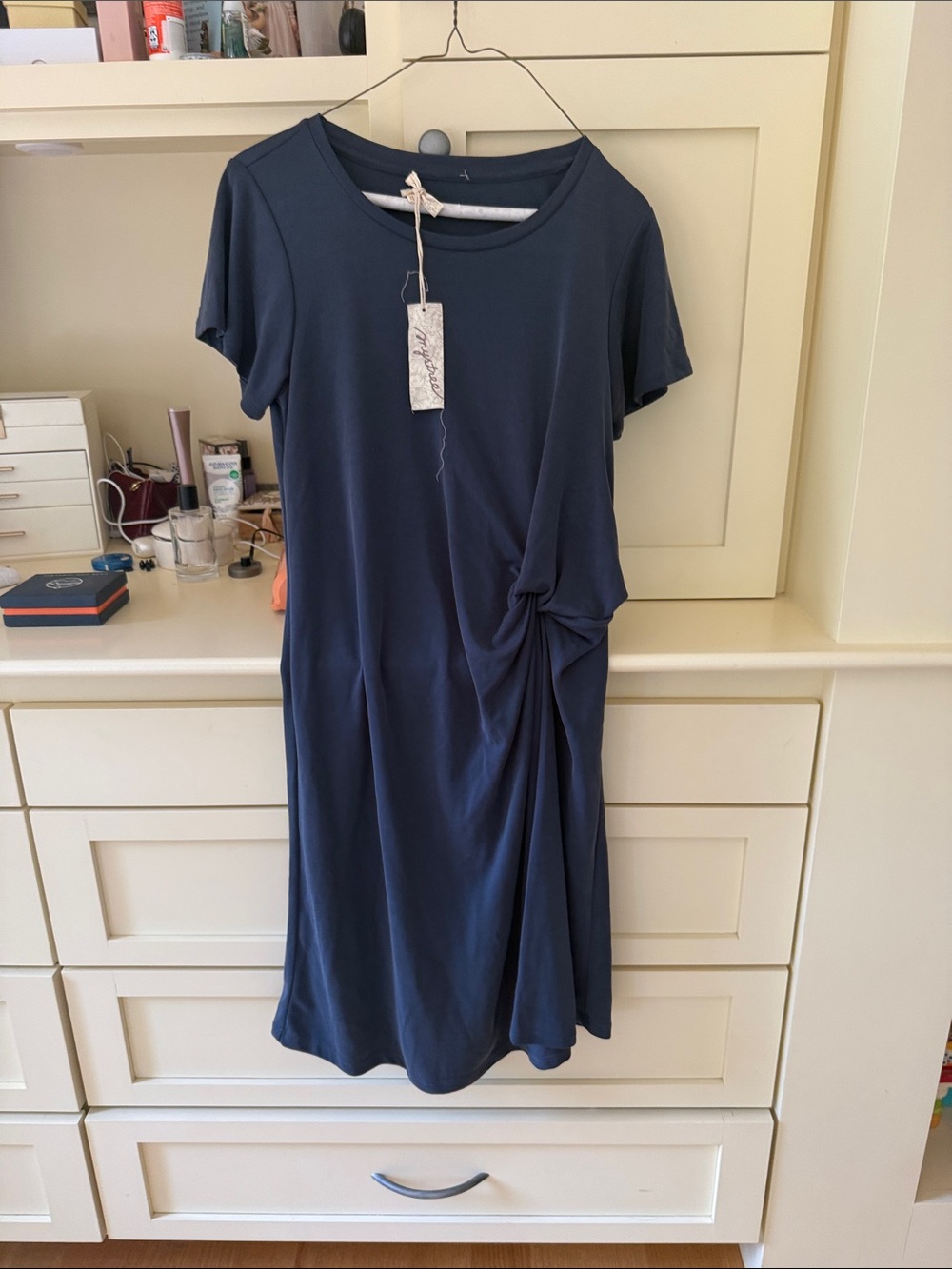 Mystree Navy Short-Sleeve Midi Dress with Side Knot